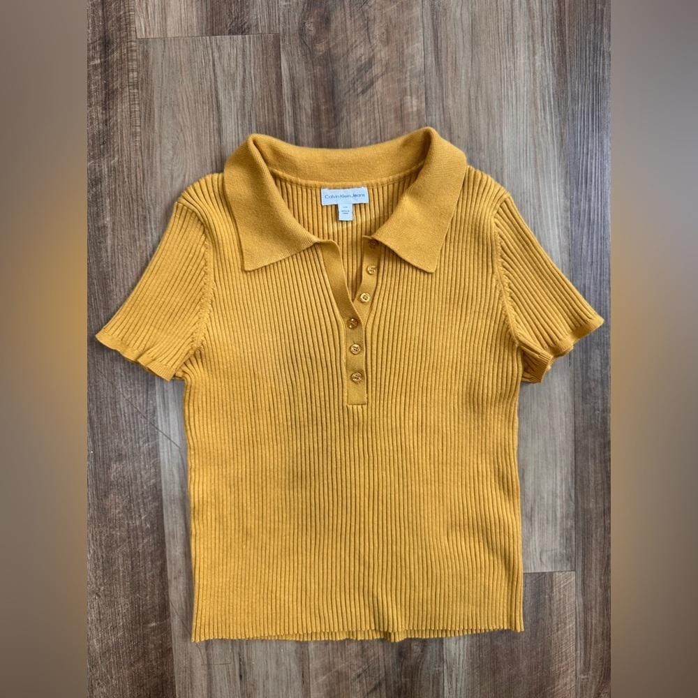 Calvin Klein Yellow Ribbed Button Polo Shirt